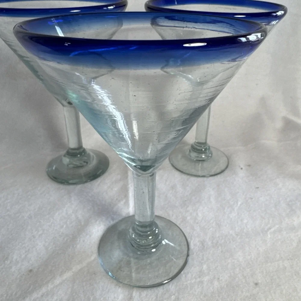 3 Tall Mexican Style Martini Margarita Glass Cobalt Blue Rim Handmade Glass